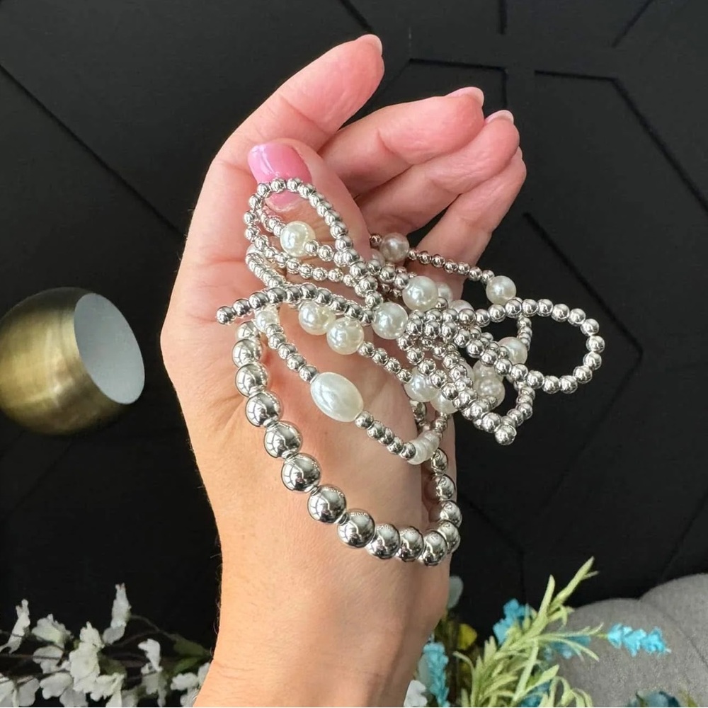 Silver Beaded Pearl & Bow Bracelet Set – Elegant Everyday Jewelry